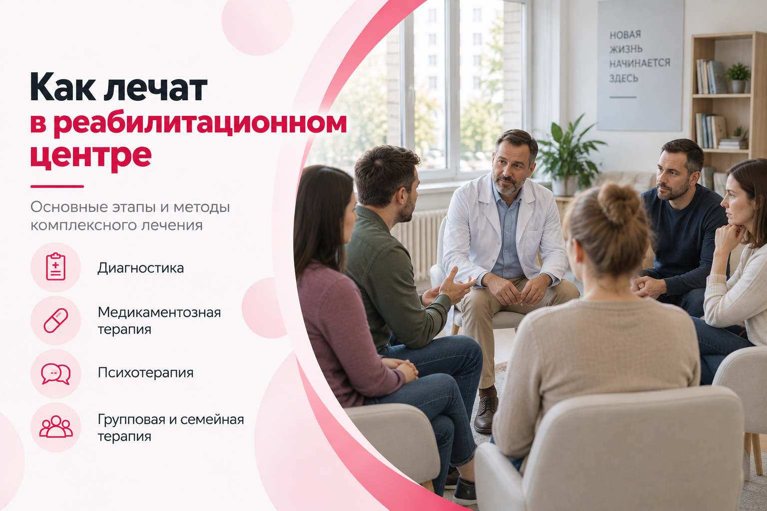 Групповая терапия в реабилитационном центре под руководством психолога